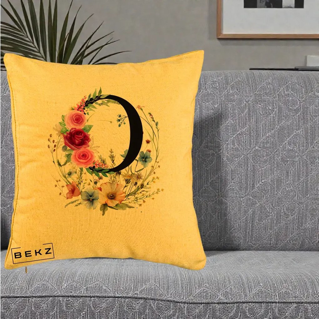 Cadou Personalizat - Perna Personalizata Monogram Litera O cu Flori Acuarela, 40x40 cm, Galben, Husa Detasabila, Perna Inclusa, BEKZ®