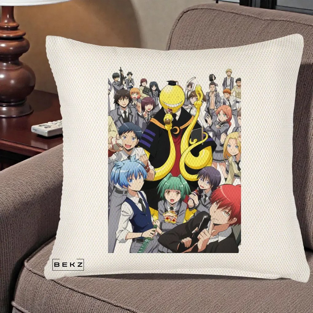Perna Personalizata Assassination Classroom Grup Complet Anime, 40x40 cm, Crem Reliefat, Husa Detasabila, Perna Inclusa, BEKZ®