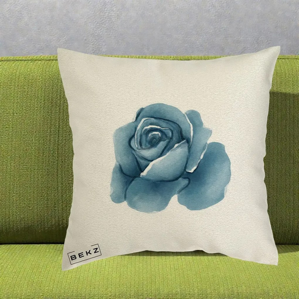 Perna Decorativa Trandafir Albastru Acuarela, 40x40 cm, Ecru, Husa Detasabila, Perna Inclusa, BEKZ®