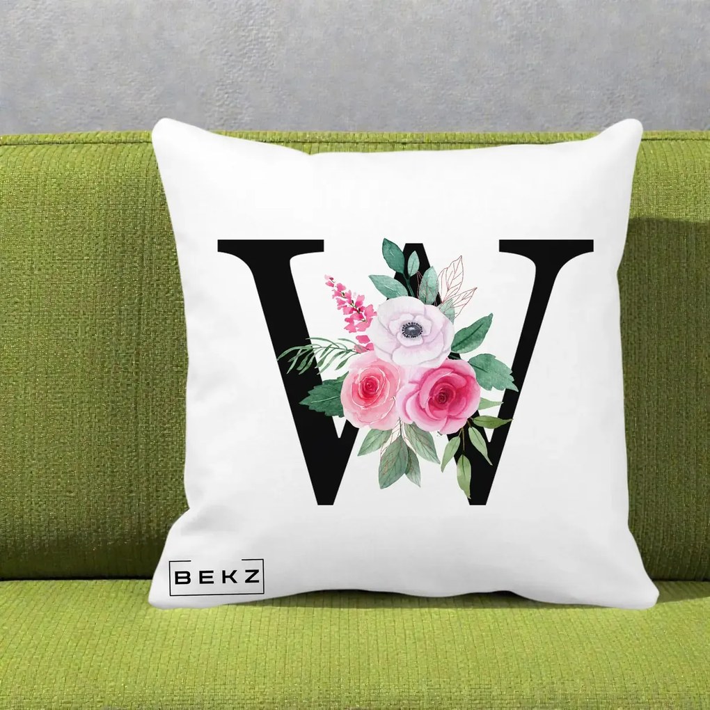 Cadou Personalizat - Perna Personalizata Monograma Florala Litera W cu Trandafiri si Anemona, 40x40 cm, Alba Mata, Husa Detasabila, Perna Inclusa, BEKZ®