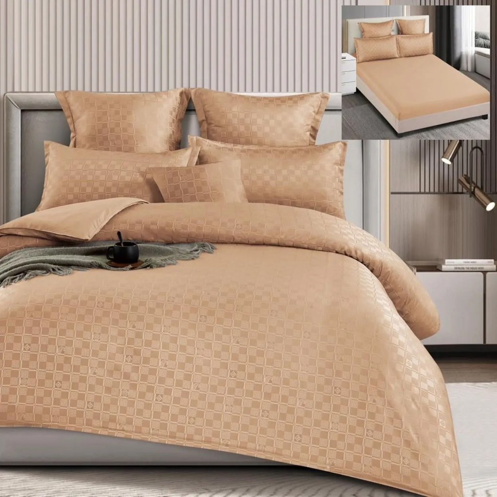 Set lenjerie de pat cu elastic, model embosat, tesatura tip finet, uni, 6 piese, pat 2 persoane, bej, T4-10
