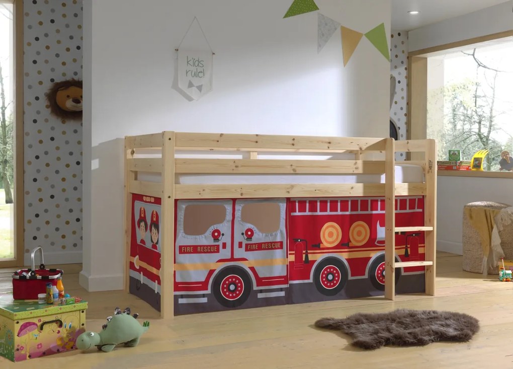 Pat copii inaltime medie lacuit natural cu perdea Fire Truck / PINO - Vipack