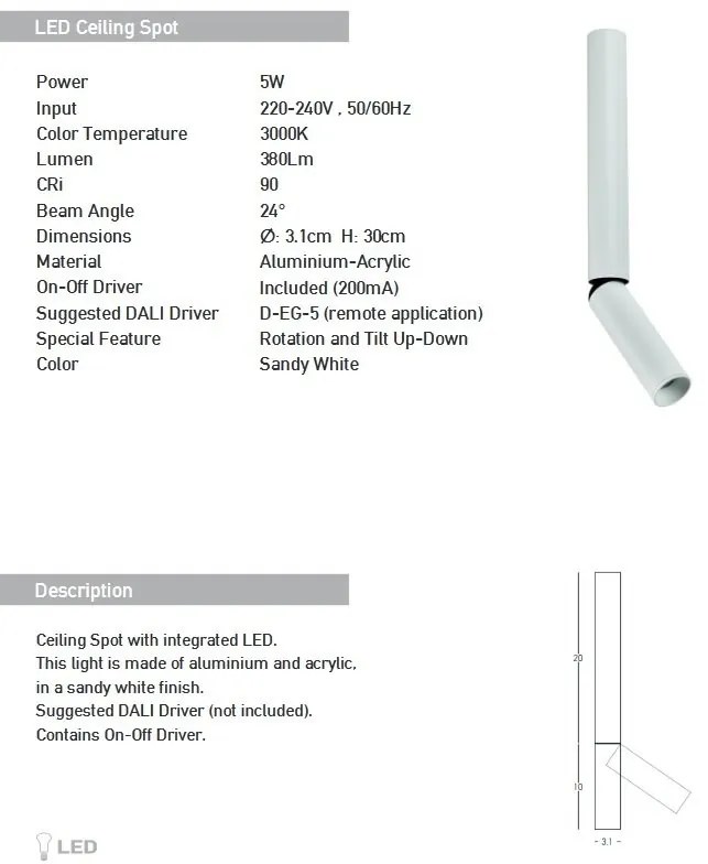 Spot LED aplicat cu rotire si înclinare Tube alb