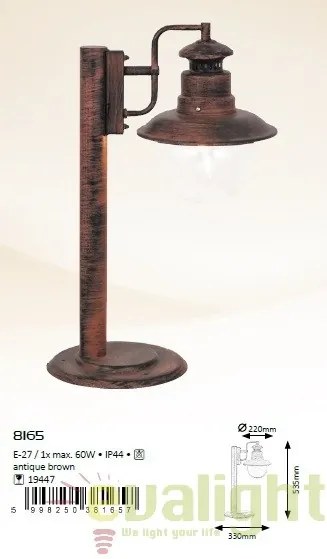 Stalp de iluminat cu protectie IP44 de exterior, finisaj maro antic, Odessa 8165 RX