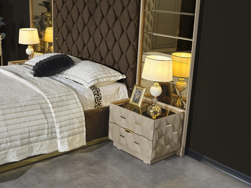 Set dormitor complet mdf 30 mm si metal - royal lav - crem/antracit cu auriu