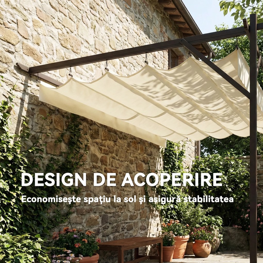 Outsunny Pergolă Montată pe Perete 3x4 m cu Acoperiș Retractabil Glisant, Găuri de Drenaj, Pergolă de Grădină din Poliester și Oțel, pentru Terasă, Grădină, Exterior, UV30+, Crem | Aosom Romania