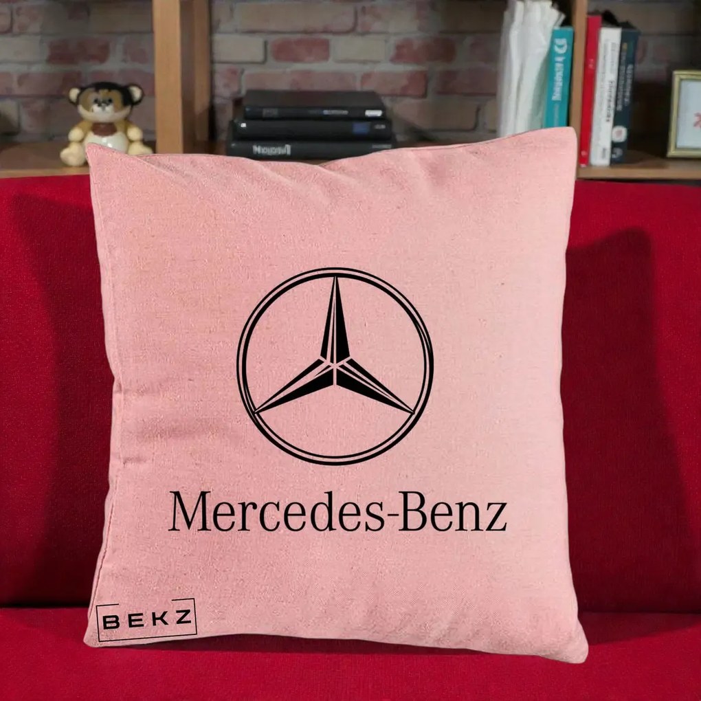 Perna Personalizata cu emblema Mercedes-Benz, 40x40 cm, Roz, Husa Detasabila, Perna Inclusa, BEKZ®