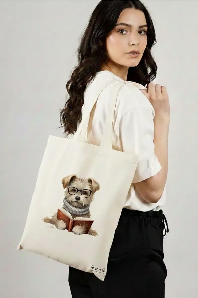 Sacosa de Panza pentru Cumparaturi, Geanta Tote, model Reading puppy 4 38 x 34.5 cm, Alba, BEKZ®