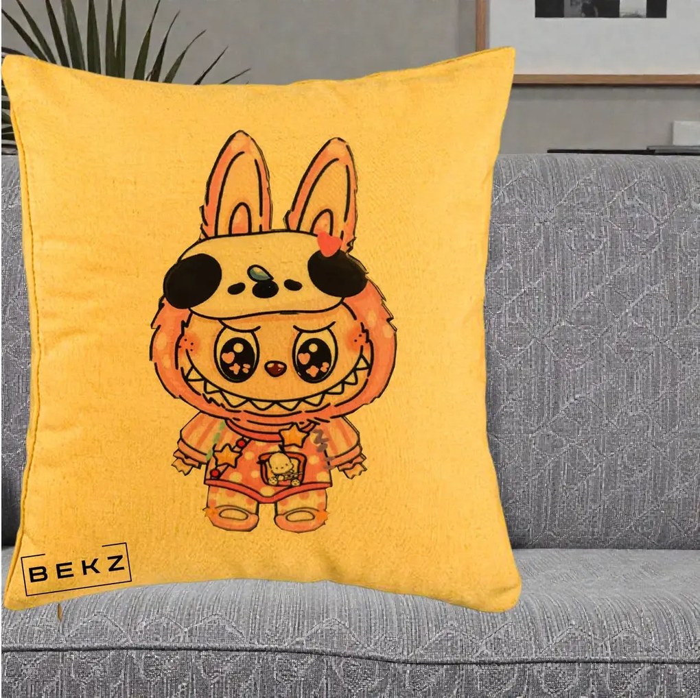 Perna Personalizata Labubu Panda-Bunny Roz, 40x40 cm, Galben, Husa Detasabila, Perna Inclusa, BEKZ®