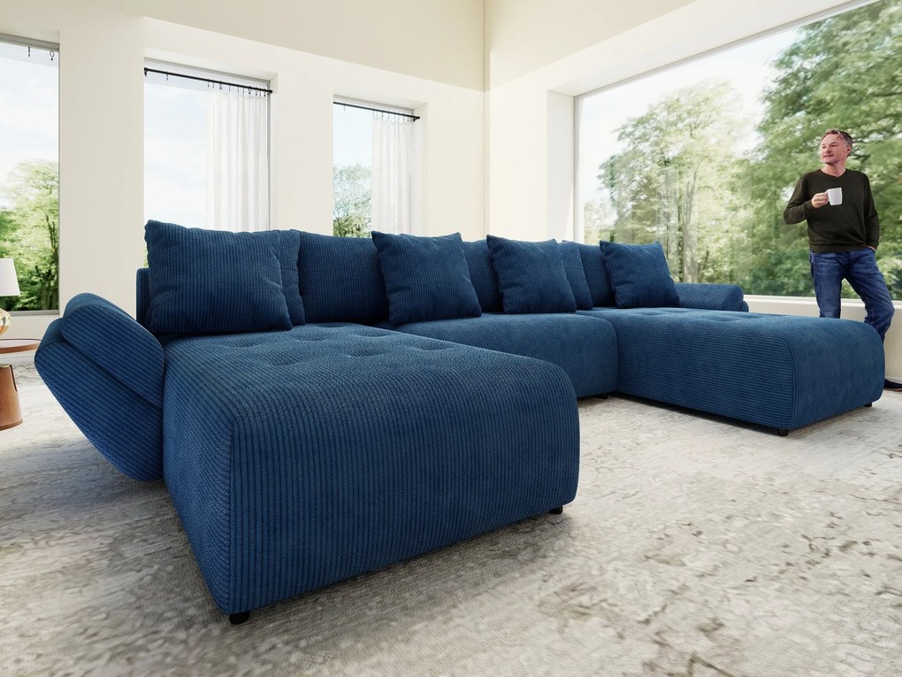 Colțar extensibil dumonde cu ladă de depozitare si sezut confortabil din spuma high-density, Berlin U Zoom Blue 380x180 cm