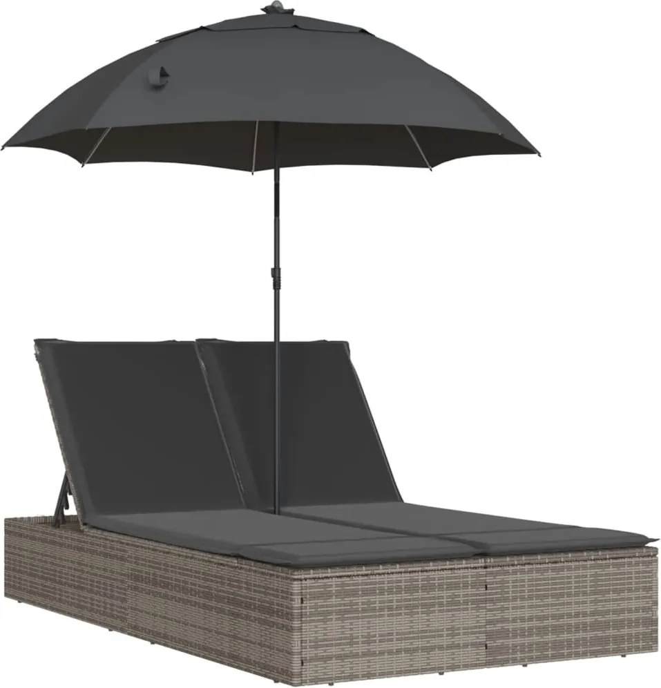 vidaXL Șezlong dublu cu perne/umbrelă de soare, gri, poliratan
