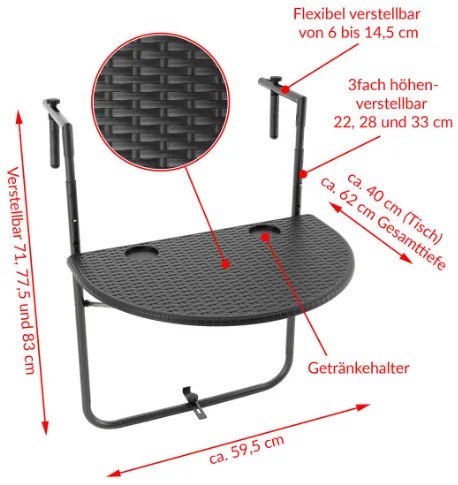 Masă suspendată pliabilă cu aspect de rattan - negru