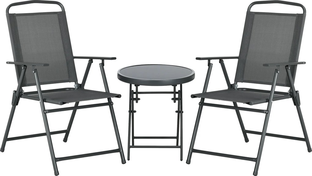 Outsunny Set de Exterior din 3 Piese cu Masă cu Blat din Sticlă și 2 Scaune Pliabile din Plasă, Ф45x50 cm, Gri Deschis | Aosom Romania