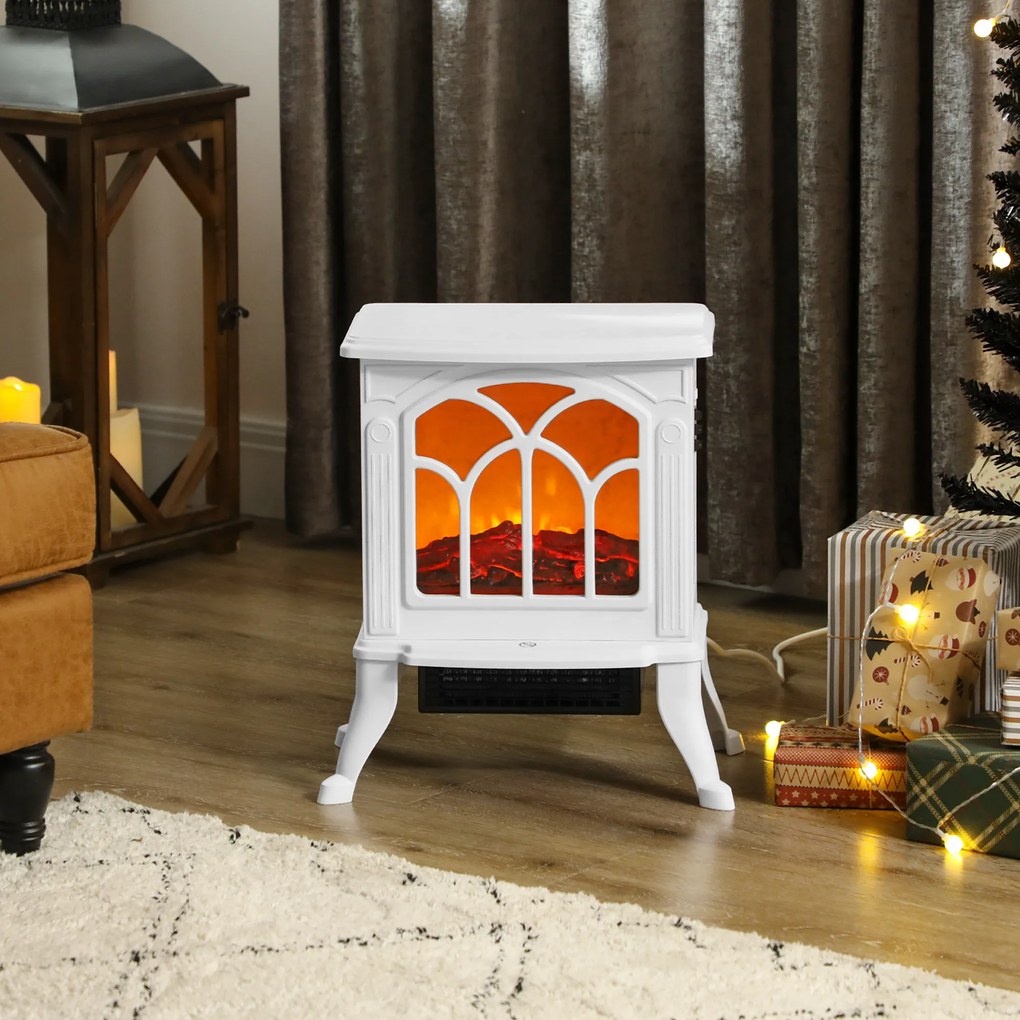 HOMCOM Șemineu electric pe picior 750/1500 W, șemineu decorativ cu efect flacără LED, 37,3 x 23,1 x 44 cm, alb | Aosom Romania