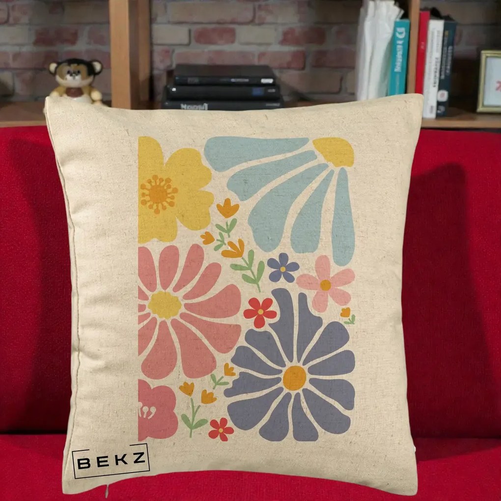Perna Decorativa Flori Grafice Pastel Multicolor, 40x40 cm, Bej, Husa Detasabila, Perna Inclusa, BEKZ®