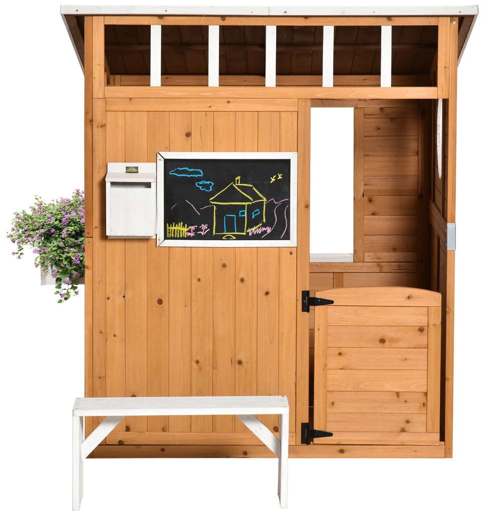 Outsunny Cabană de joacă pentru copii casă de grădină din lemn cu ușă și ferestre, banc, cutie poștală, tablou, de la 3 la 8 ani | Aosom Romania