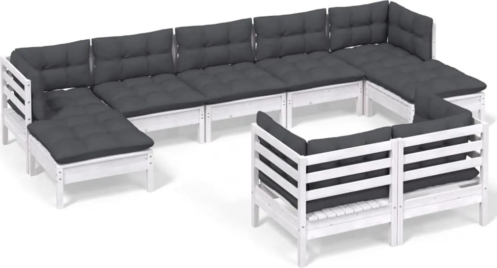 vidaXL Set mobilier grădină cu perne, 9 piese, alb, lemn masiv pin