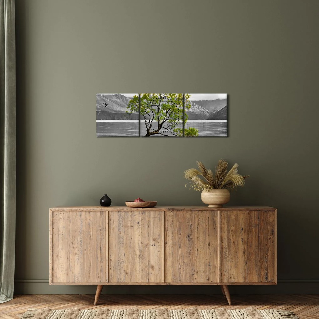 Tablou copacului în mijlocul lacului (cu ceas) (90x30 cm)