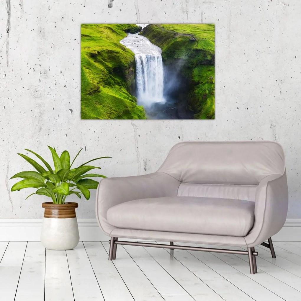 Tablou pe sticlă - Cascada Skogafoss (70x50 cm)