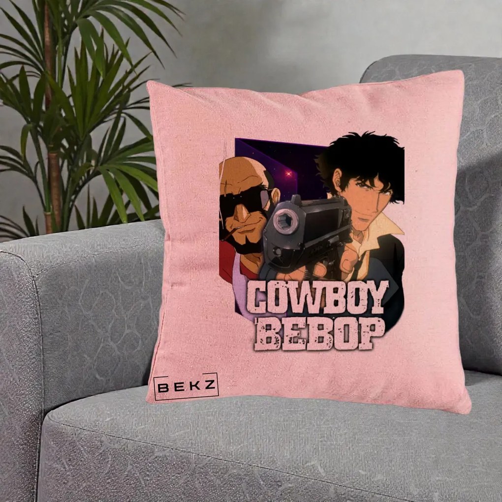 Perna Personalizata Cowboy Bebop Spike si Jet Poster, 40x40 cm, Roz, Husa Detasabila, Perna Inclusa, BEKZ®