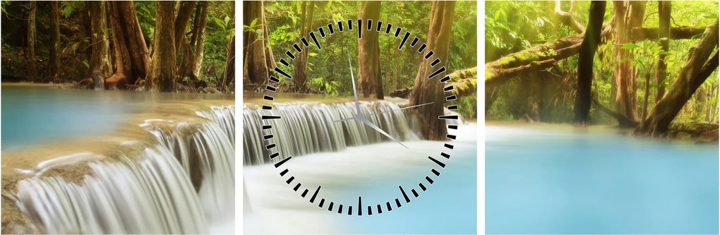 Tablou cu cascada Huai Mae Kamin în pădure (cu ceas) (90x30 cm)