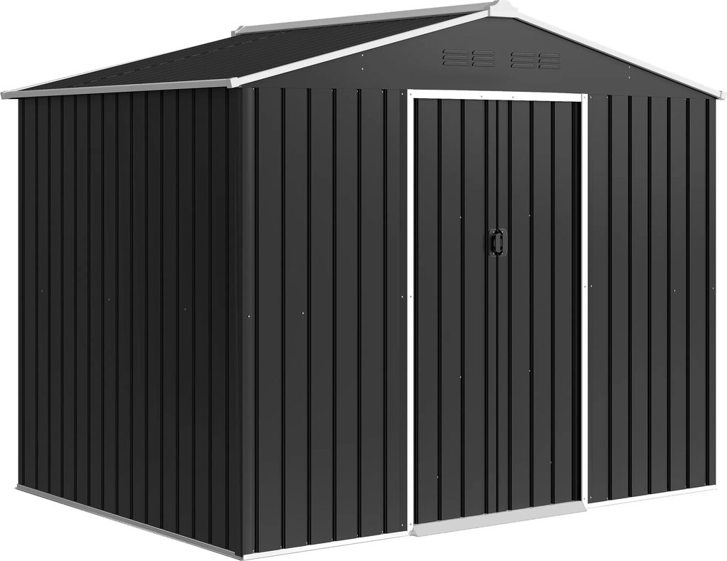 Outsunny Căsuță de Grădină 3.6m² din Oțel Zincat cu Grile de Ventilație, Căsuță de Grădină cu Uși Glisante Duble Blocabile, Acoperiș Înclinat, Căsuță pentru Unelte cu Mănuși, Gri Închis | Aosom Romania
