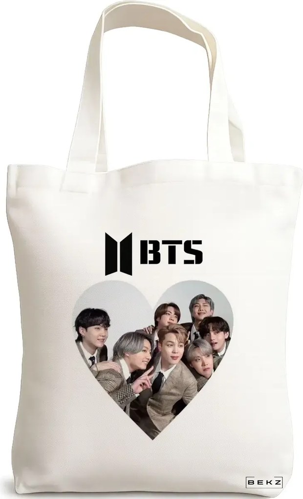 Sacosa de Panza pentru Cumparaturi, Geanta Tote, model BTS Army 10, 38x34.5 cm, Alba, BEKZ®