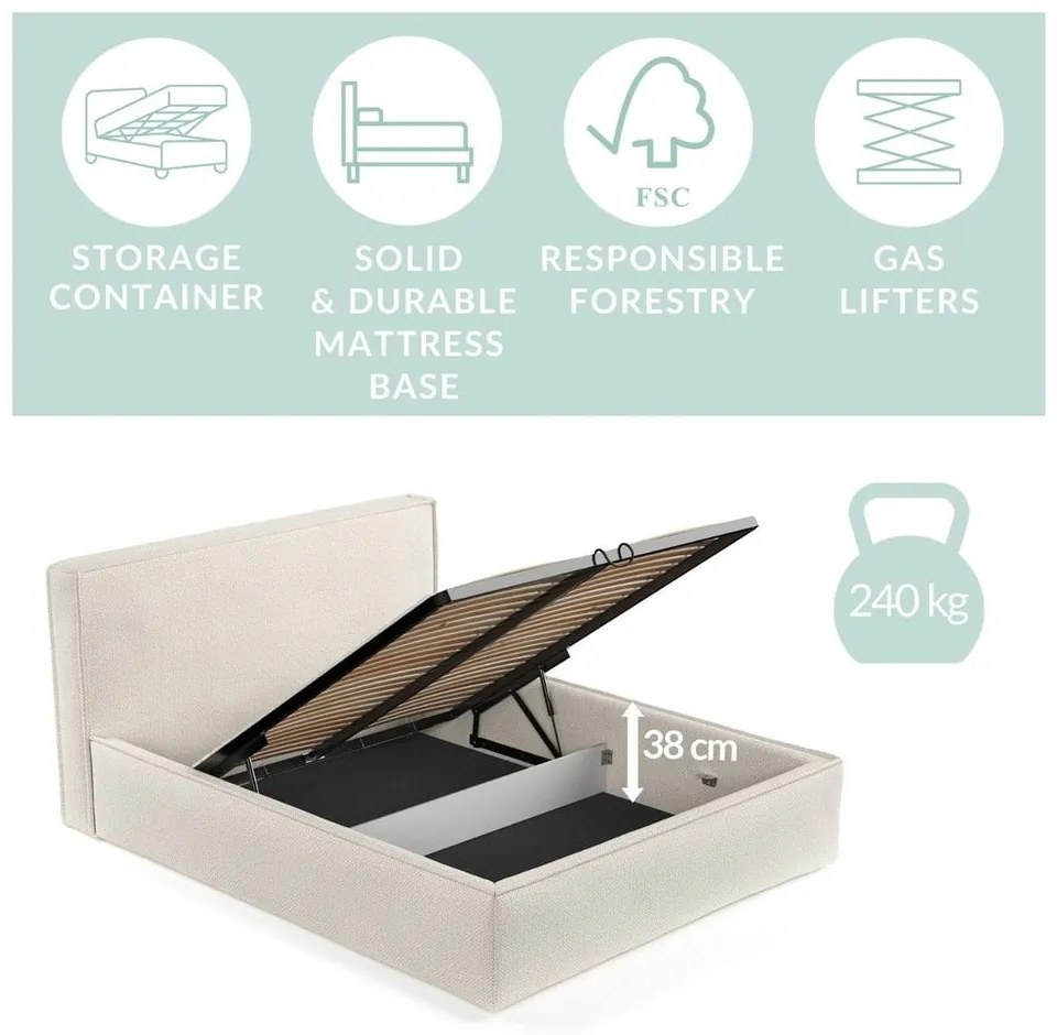 Pat matrimonial bej tapițat cu spațiu de depozitare cu somieră 160x200 cm Lounge L – Maison de Rêve