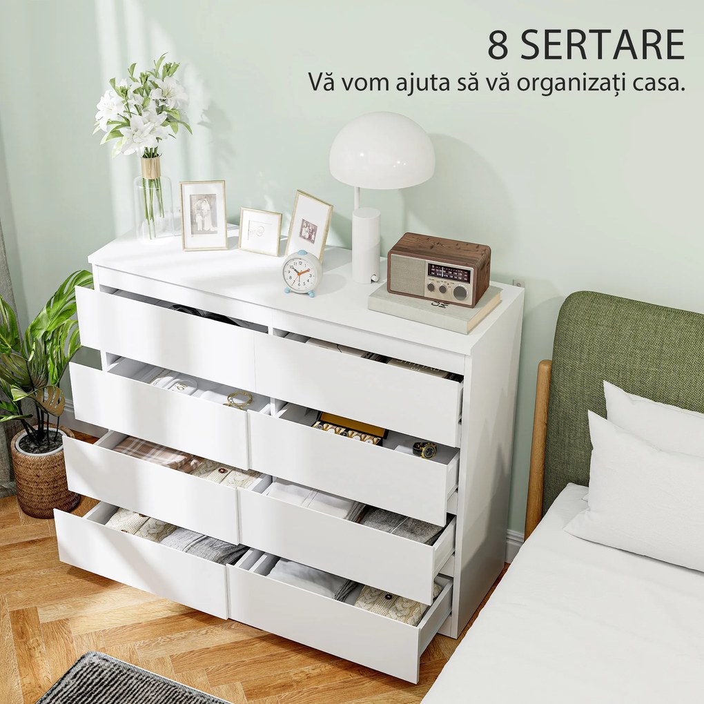 HOMCOM Comodă 8 Sertare cu Mânere Canelate 120x39x100 cm Alb | Aosom Romania