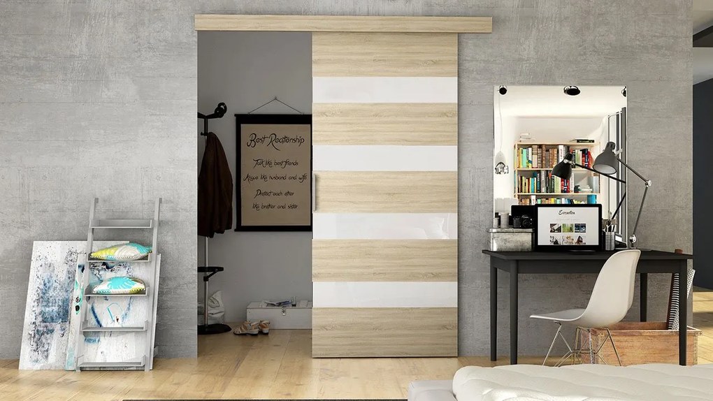 Uși glisant de interior Orenia V (Stejar sonoma + alb lacobel). Promo -17%. 1059172