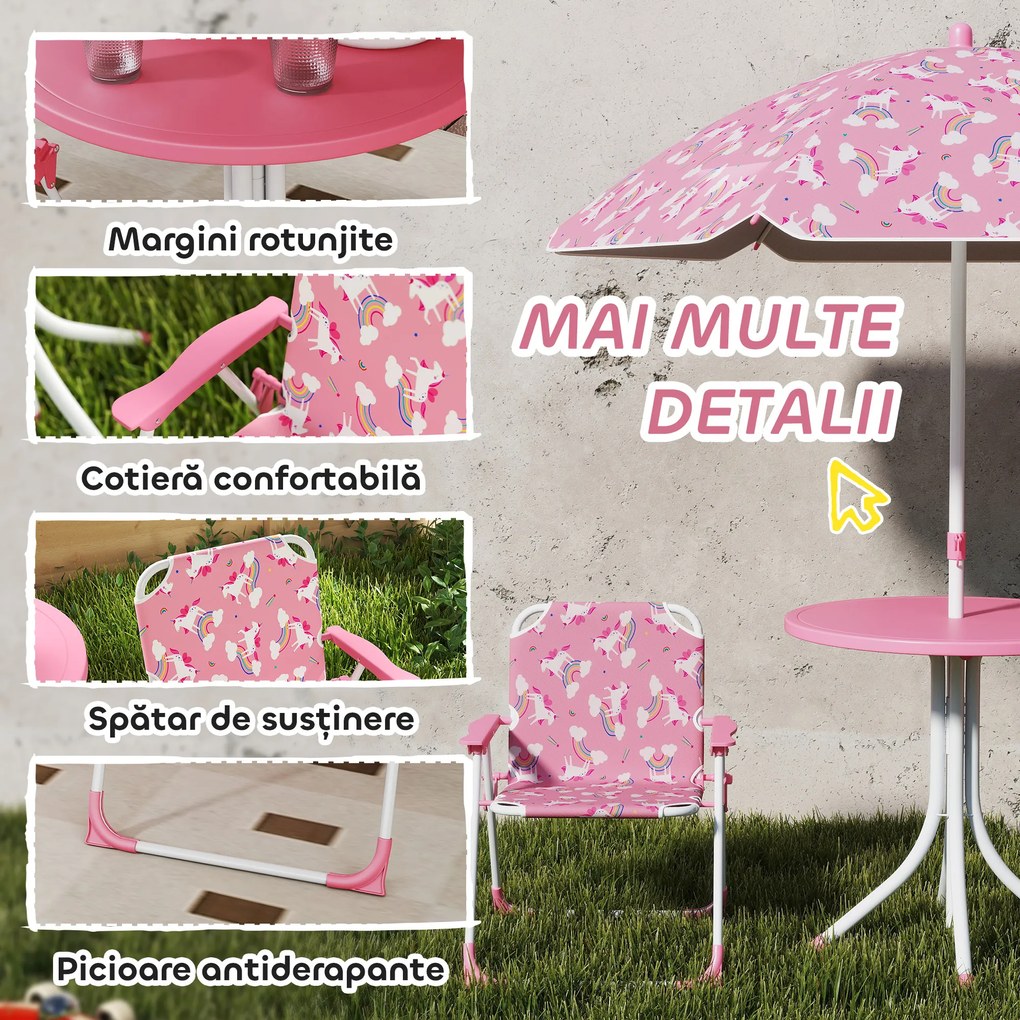 AIYAPLAY Masă de Picnic pentru Copii, Set Masă și Scaune cu 2 Scaune Pliabile și Umbrelă Detasabilă, Temă Junglă, Mobilier de Exterior pentru Grădină, Patio, Roz | Aosom Romania