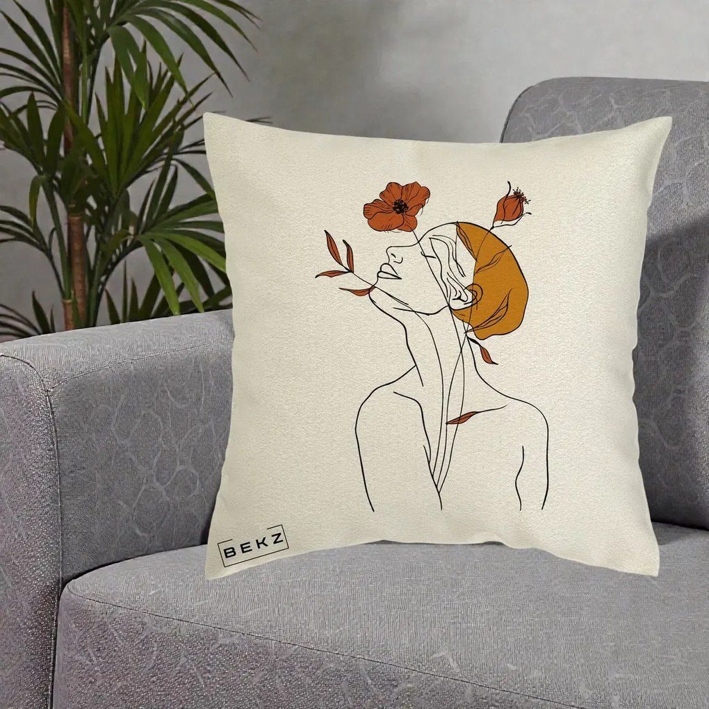 Perna Decorativa Portret Feminin Mac Privire Inalta, 40x40 cm, Ecru, Husa Detasabila, Perna Inclusa, BEKZ®