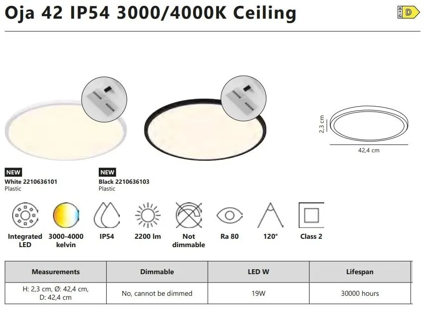 Plafoniera slim pentru baie LED Oja 42 IP54 3000/4000K alb