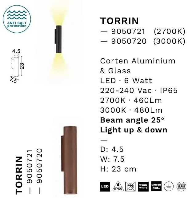 Aplica exterior cu iluminat sus si jos LED 2700K IP65 TORRIN corten