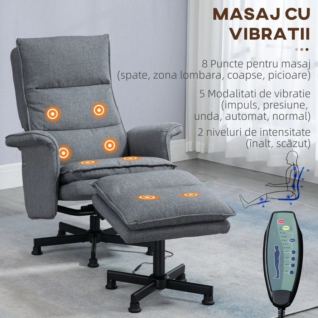 HOMCOM Fotoliu Pivotant cu Suport pentru Picioare, Fotoliu de Masaj Tapitat cu Telecomandă, Cronometru și Bază din Oțel, Gri | Aosom Romania