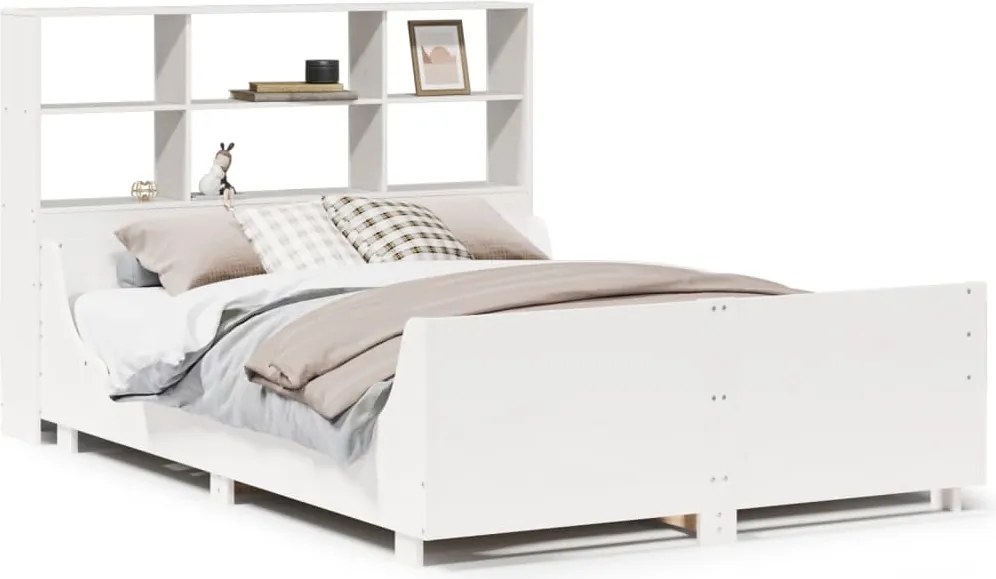 vidaXL Pat cu bibliotecă fără saltea, alb, 120x190 cm, lemn masiv