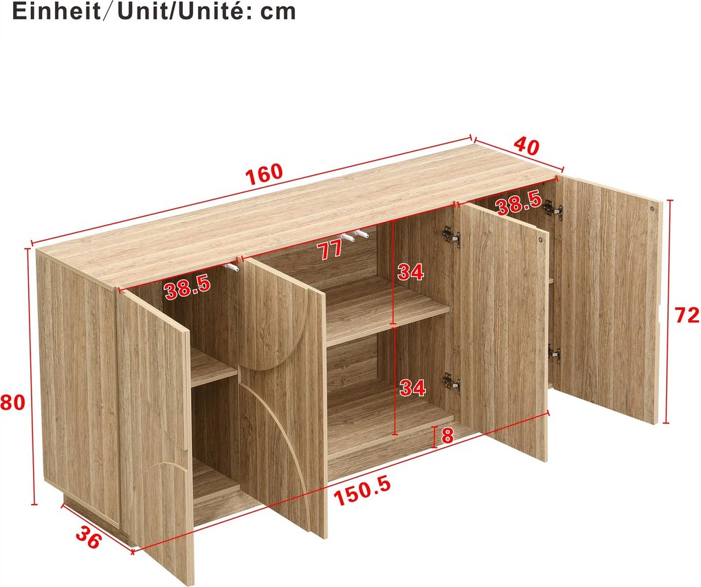 Bufet cu mult spațiu de depozitare, design scandinav-minimalist, 160x40x80 cm, Culoare naturală