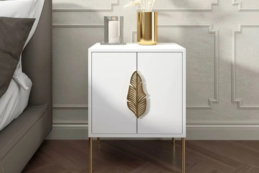 Noptieră lemn masiv Merlin Personalizabilă Accesorii placate cu Aur, 54 × 40 × 69 cm - Alb