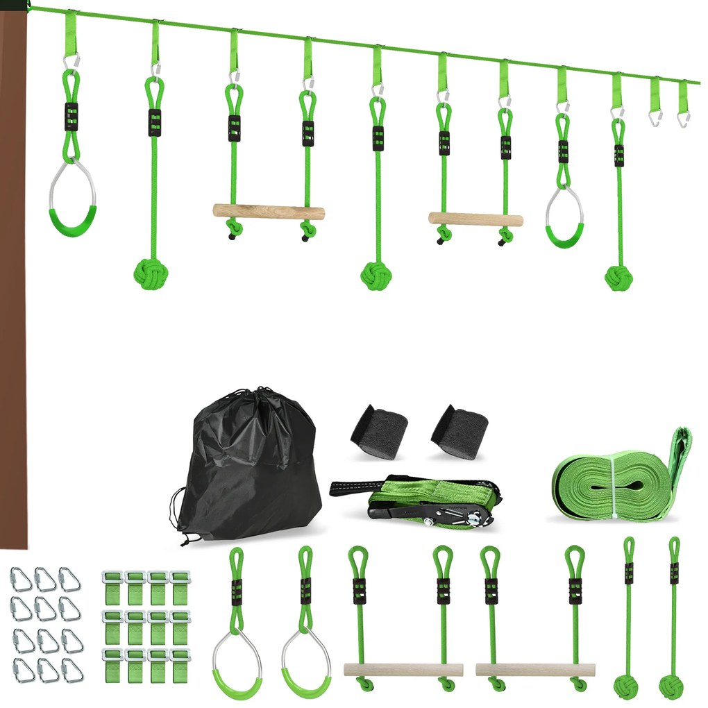 AIYAPLAY Parcurs de obstacole Ninja pentru copii 10 M kit tirolian complet 7 piese încărcare 50 kg, instalare ușoară, verde | Aosom Romania