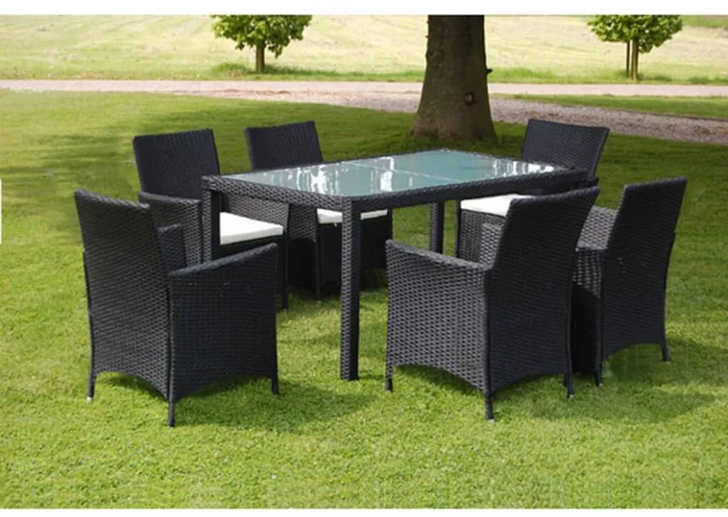 vidaXL Set mobilier de exterior cu perne, 7 piese, negru, poliratan