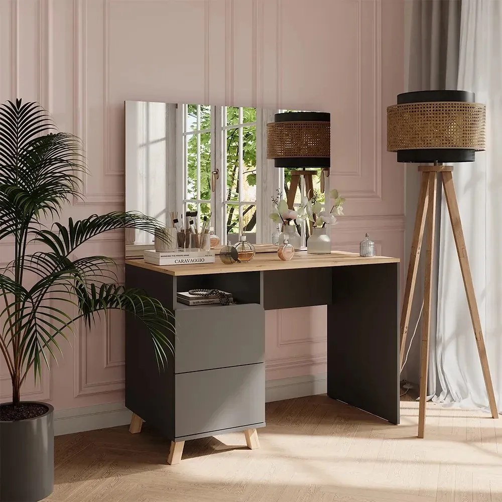 Masuta machiaj cu Oglinda LED si 2 Sertare pentru Cosmetice, Set Masa toaleta 110 cm, Gri, masuta cosmetica, vanity - SEG18