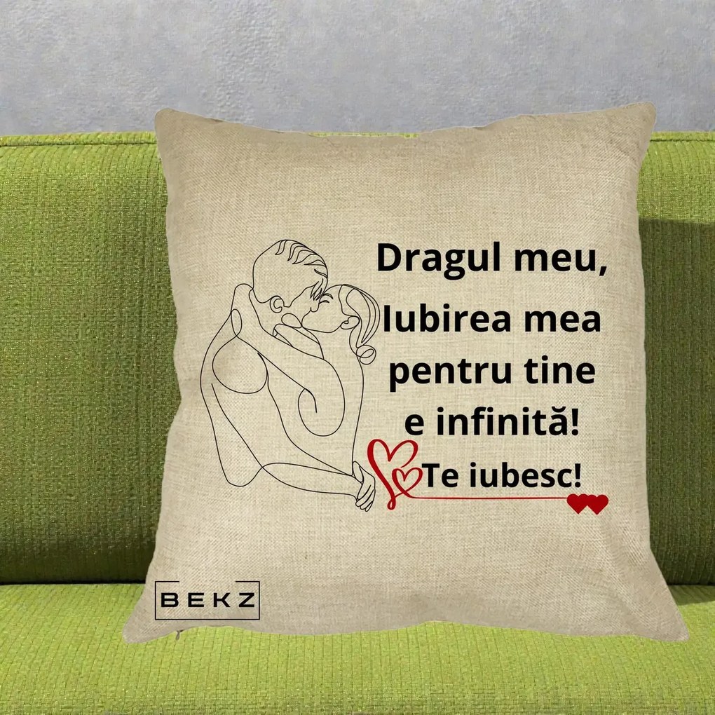 Cadou pentru Iubit - Perna Personalizata Dragul Meu Iubirea Mea pentru Tine e Infinita Te Iubesc, 40x40 cm, Crem, Husa Detasabila, Perna Inclusa, BEKZ®