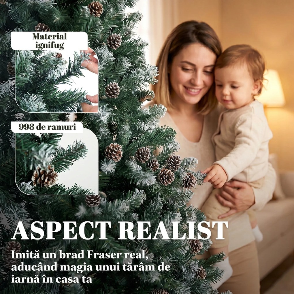 HOMCOM Brad Crăciun Artificial 210cm, 998 Ramuri Ninse Conuri Pin, Deschidere Automată, Bază Pliabilă, Verde | Aosom Romania