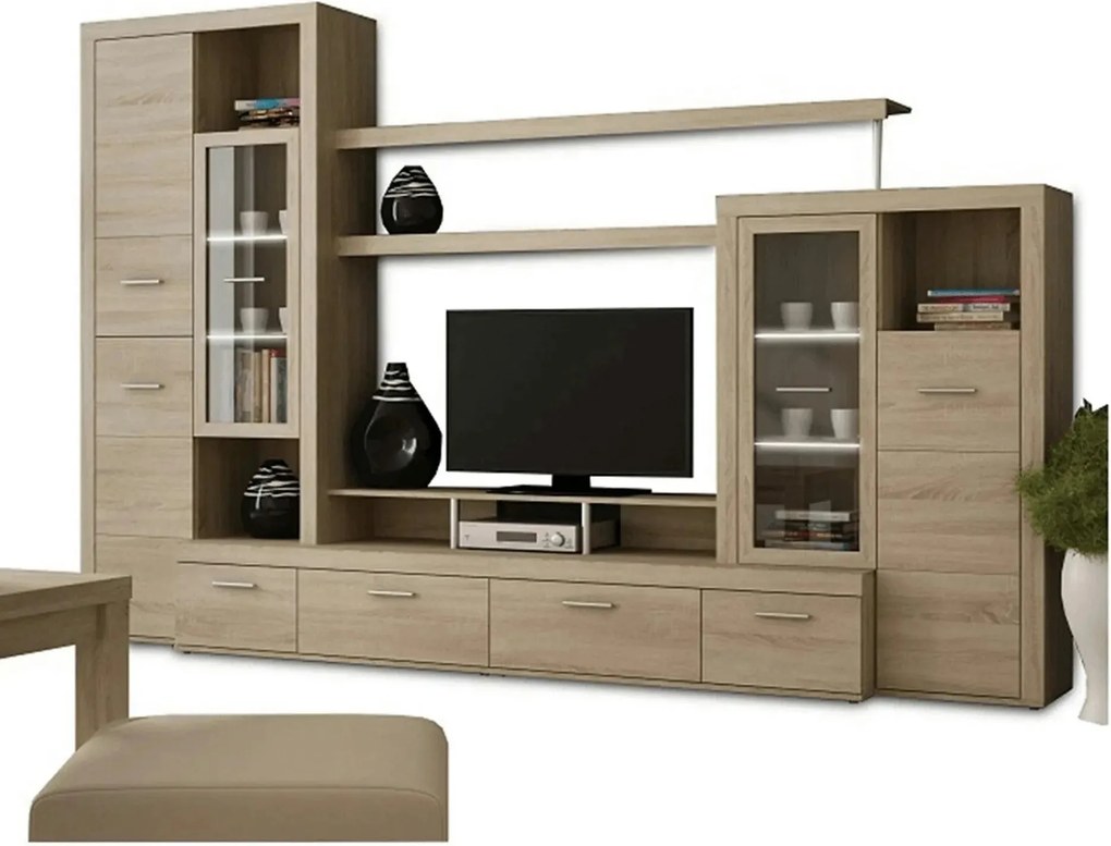 Mobilier living ATLANTIS NEW, stejar sonoma, PAL melaminat/sticla, cu
