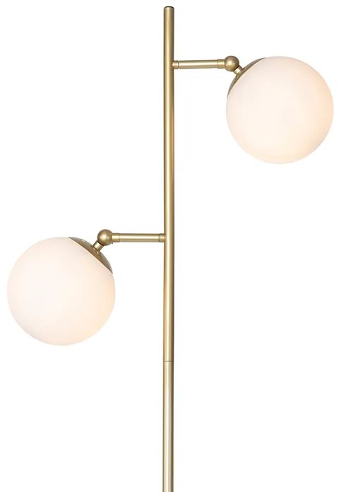 Lampa de podea Art Deco aurie cu sticlă opalescentă cu 2 lumini - Pallon