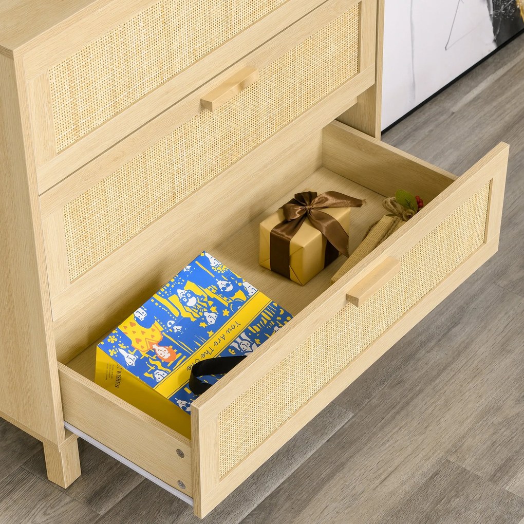 HOMCOM Casetiera cu 3 din lemn si ratan pentru camera de zi si dormitor, 80x40x80cm Culoare Lemn Natural | AOSOM.ro