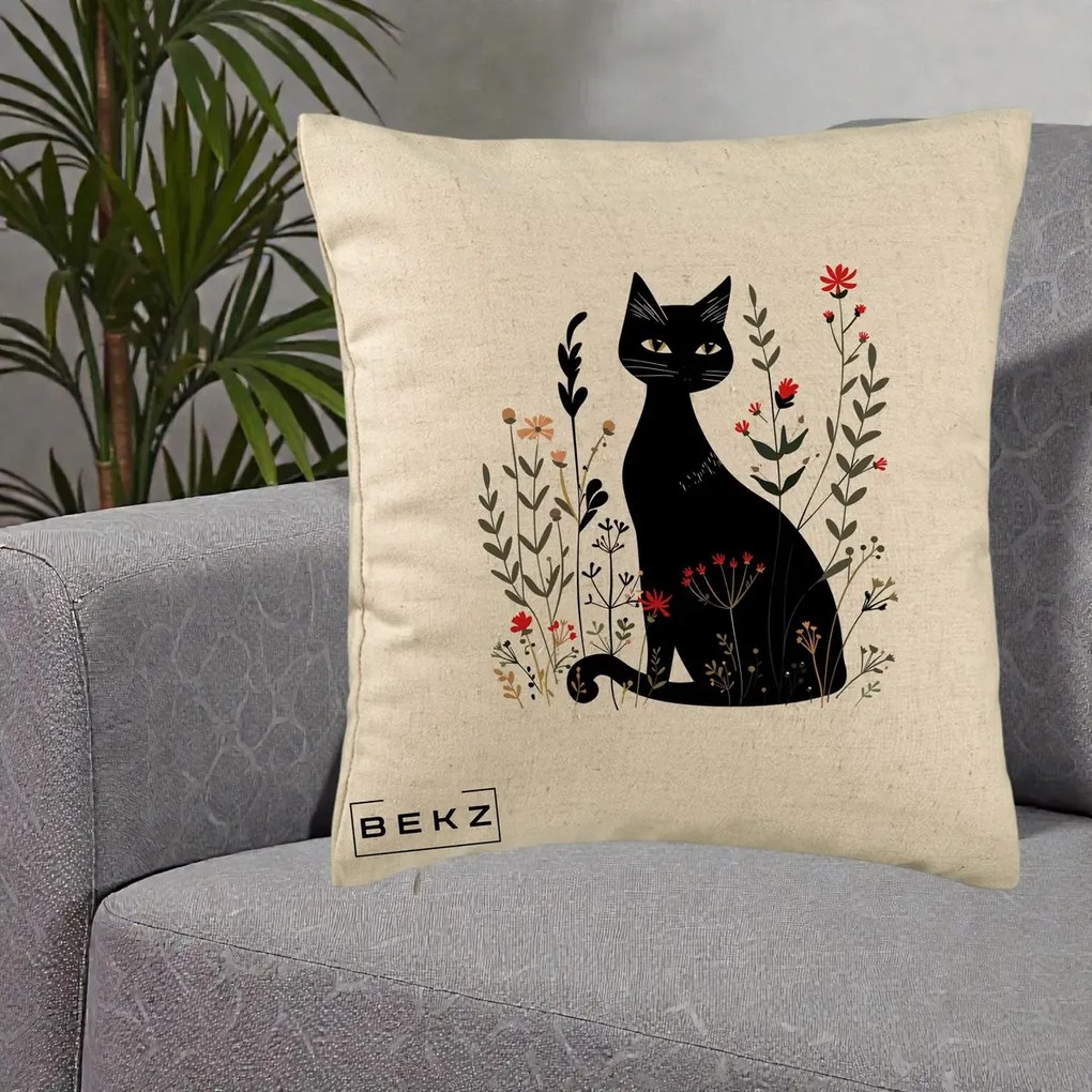 Perna Decorativa Pisica Neagra Botanica Rosu-Gri, 40x40 cm, Bej, Husa Detasabila, Perna Inclusa, BEKZ®