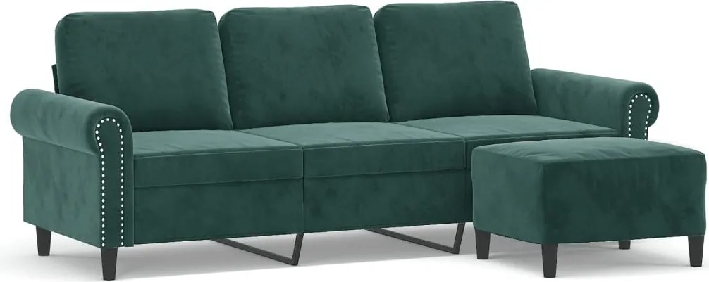 vidaXL Canapea cu 3 locuri și taburet, verde închis, 180 cm, catifea