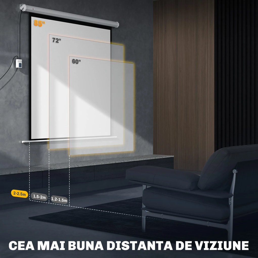 HOMCOM Ecran Proiecție de 85 inch 1:1 cu Telecomandă, Pânză de Proiector Rulantă, 176,5x8x176,5 cm, Alb | Aosom Romania