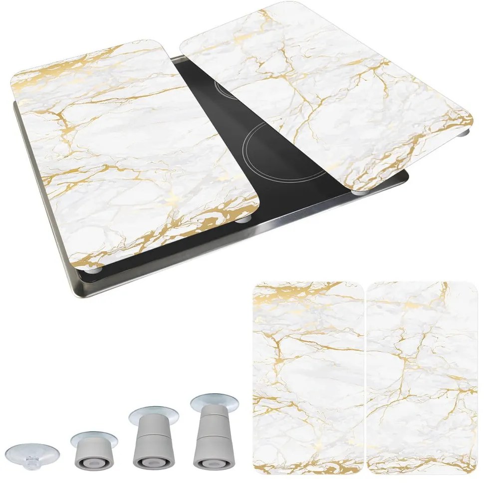 Set 2 protecții din sticlă pentru aragaz Wenko Marble, 52 x 30 cm , alb - auriu